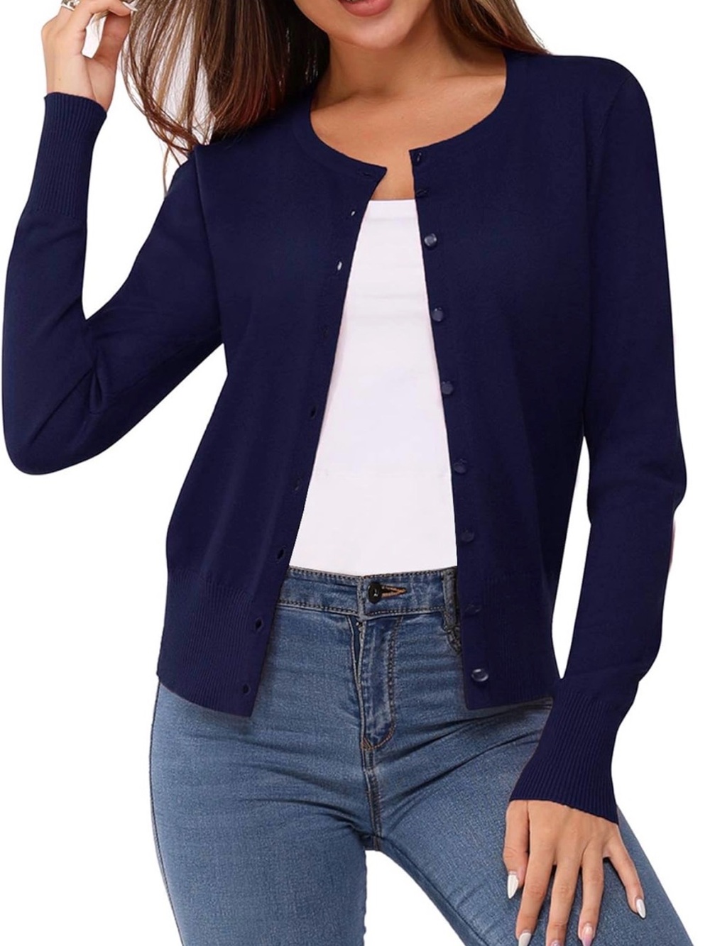 Newshows Round-Neck Navy Button Front Women's Cardigan Sweater